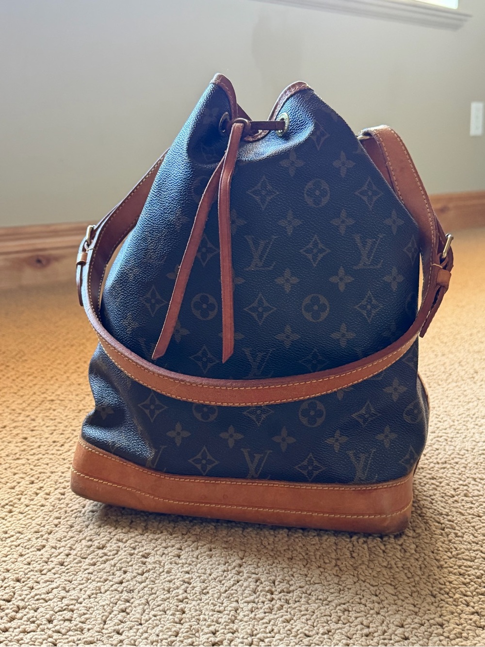 Louis Vuitton Monogram Canvas NOE GM, vintage Bucket Bag with Leather Trim